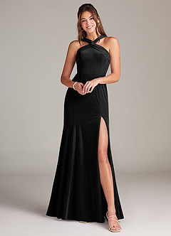 Azazie Rue Bridesmaid Dresses Black A-Line Pleated Velvet Dress image1