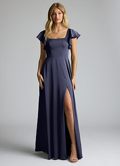 Azazie Bondi Robes de demoiselle d'honneur Robe Trapèze en Satin extensible Nœud Bleu Orageux image5