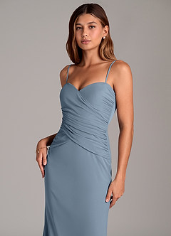 Azazie Katelyn Jurken voor bruidsmeisjes Converteerbaar Jurk van Mesh met Kolom Strapless Stoffig Blauw image2