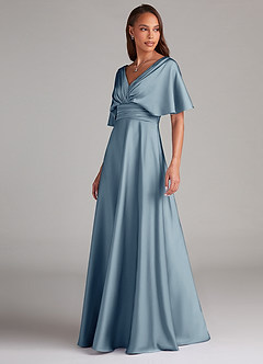 Azazie Pamela Robes de demoiselle d'honneur Robe Trapèze en Satin extensible Plissée Bleu Poussiéreux image4