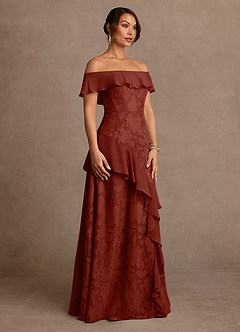 Azazie Marina Mother of the Bride Dresses Terracotta A-Line Off the Shoulder Floral Burnout Dress image3