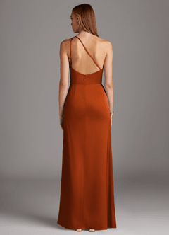 Azazie Mika Vestidos de damas de honor Vestido de Naranja Quemada de Satén Elástico de Corte Recto con Hombro unilateral image2