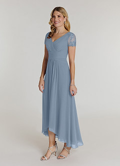 Azazie Thais Mère de la mariée Robes Robe Trapèze en Mousseline de soie Dentelle Bleu Poussiéreux image3