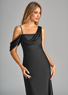 Azazie Celina Bridesmaid Dresses Black Sheath Off the Shoulder Stretch Satin Dress image7