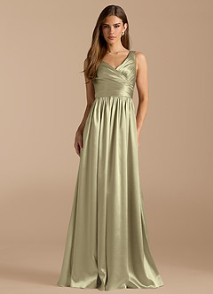 Azazie Keyla Vestidos de damas de honor Vestido de Musgo Verde de Satén Metálico de Corte en A con Plisado image1