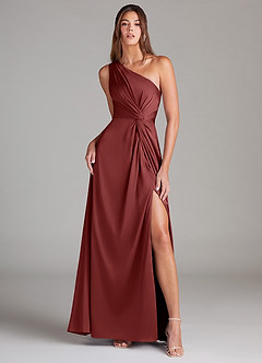 Azazie Brooke Robes de demoiselle d'honneur Robe Trapèze en Satin extensible Asymétrique Terracotta image2
