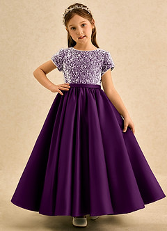 Azazie Cashew Flower Girl Dresses Grape Ball-Gown with Sleeves Matte Satin Dress image2