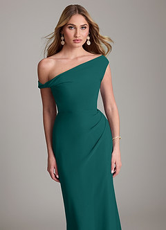 Azazie Emerson Bridesmaid Dresses Peacock Sheath Off the Shoulder Chiffon Dress image2
