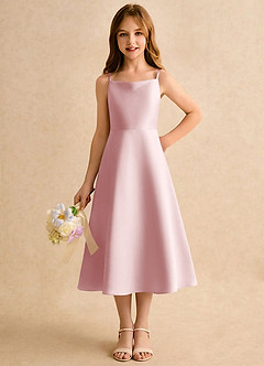 Azazie Jaella Girls Formal Robe Demoiselle D'honneur Fillette Robe Trapèze en Mat Satiné Plissée Rose Poudré image5
