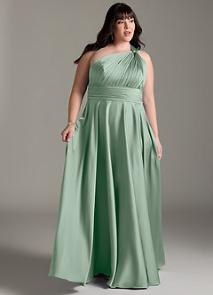 Azazie Charlize Bridesmaid Dresses Agave A-Line One Shoulder Stretch Satin Dress image11