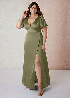 Azazie Lani Robes de demoiselle d'honneur Robe Trapèze en Satin extensible Manche à volants Pistache image7