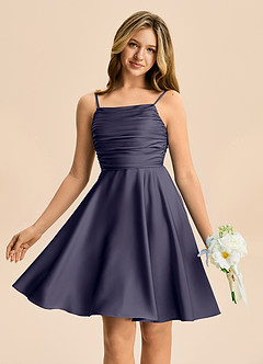 Azazie Miko Junior Vestido de Tormenta de Satén Elástico de Corte en A con Plisado image1