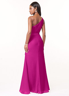 Azazie Liza Vestidos de damas de honor Vestido de Fucsia de Gasa de Corte Sirena con Hombro unilateral image4