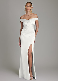 Azazie Teyana Bridesmaid Dresses White Sheath Off the Shoulder Stretch Satin Dress image4