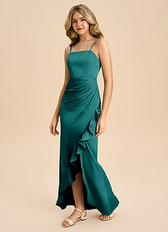 Azazie Buzzy Junior Peacock Sheath Pleated Stretch Satin Dress image7