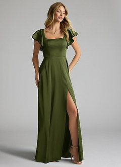 Azazie Bondi Bridesmaid Dresses Olive A-Line Bow Stretch Satin Dress image2