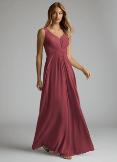 Azazie Gina Bridesmaid Dresses Merlot A-Line V-Neck Pleated Chiffon Dress image3