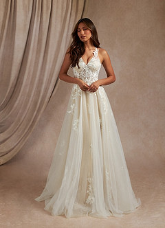 Azazie Dysis Wedding Dresses Diamond White Champagne A-Line Halter Sequins Tulle Dress image5