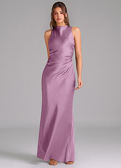 Azazie Evadne Bridesmaid Dresses Wisteria Sheath Pleated Stretch Satin Dress image3