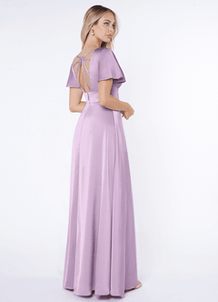 Azazie Lani Bridesmaid Dresses Frosted Lilac A-Line Flounce Sleeve Stretch Satin Dress image5