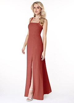 Azazie Jay Bridesmaid Dresses Terracotta A-Line Square Neckline Side Slit Chiffon Dress image4