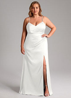 Azazie Azuree Abiti da Damigella Abito A-Line in Raso Elasticizzato Plissettato Bianco image3