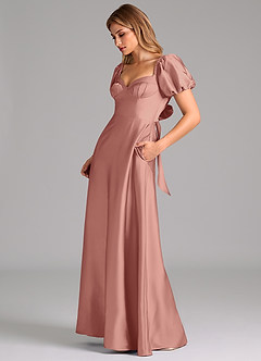 Azazie Fatima Bridesmaid Dresses Rosette A-Line Pleated Stretch Satin Dress image5