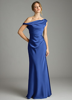 Azazie Emerson Bridesmaid Dresses Royal Blue Mermaid Off the Shoulder Stretch Satin Dress image1