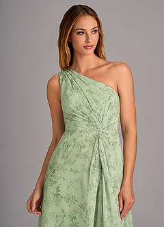 Azazie Brooke Bridesmaid Dresses Green Fern Floral A-Line One Shoulder Chiffon Dress image2