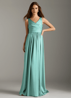 Azazie Keyla Brautjungfernkleider A-Linie Plissee Stretch-Satin Kleid Aqua image1