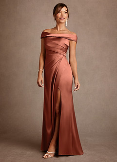 Azazie Bedford Mother of the Bride Dresses Clay Sheath Pleated Stretch Satin Dress image2