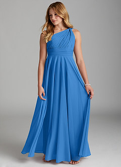 Azazie Charlize Junior Blue Jay A-Line Mesh Dress image4