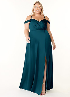 Azazie Ocean Bridesmaid Dresses Ink Blue A-Line V-Neck Pleated Stretch Satin Dress image6