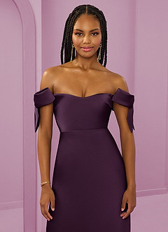 Barbie ♥ Azazie Bridesmaid Dresses Plum Sheath Off the Shoulder Stretch Satin Convertible Dress image11