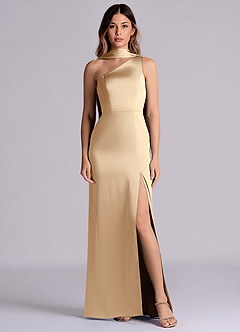 Azazie Phaedra Bridesmaid Dresses Champagne A-Line One Shoulder Stretch Satin Dress image1