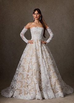 Azazie Hinata 웨딩드레스 볼가운 스트랩리스 레이스 채플 트레인 드레스 image3