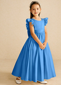 Azazie Piglette Flower Girl Dresses Blue Jay A-Line Bow Matte Satin Dress image5
