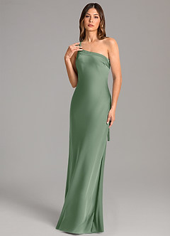 Azazie Monroe Vestidos de damas de honor Vestido de Matcha de Satén Elástico de Corte Sirena con Hombro unilateral image1