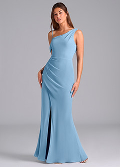 Azazie Madelyn Jurken voor bruidsmeisjes Converteerbaar Jurk van Chiffon met Zeemeermin Off the Shoulder Staal Blauw image5