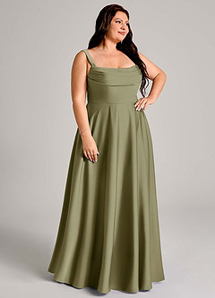 Azazie Shaude Bridesmaid Dresses Pistachio A-Line Pleated Stretch Satin Dress image10