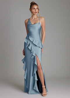 Azazie Jayda Bridesmaid Dresses Dusty Blue A-Line Ruched Stretch Satin Dress image1