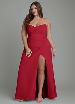 Azazie Johana Vestidos de damas de honor Vestido Escarlata de Gasa de Corte Sirena Convertible con Hombros descubiertos image16