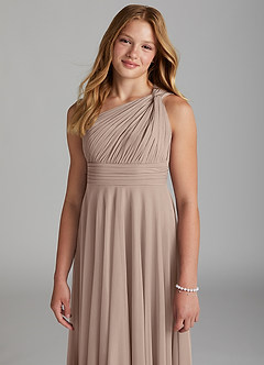 Azazie Charlize Junior Taupe A-Line Mesh Dress image6