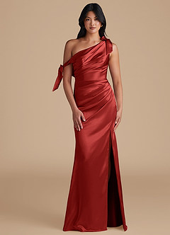 Azazie Xyla Bridesmaid Dresses Rust Sheath Off the Shoulder Metallic Satin Convertible Dress image1