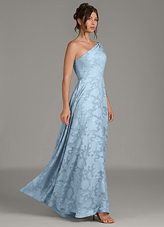 Azazie Melanie Vestidos de damas de honor Vestido de Azul Cielo de Devorado Floral de Línea A con Hombro unilateral image4