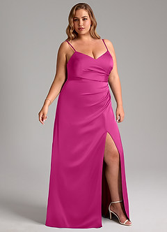 Azazie Azuree Bridesmaid Dresses Fuchsia A-Line Pleated Stretch Satin Dress image4