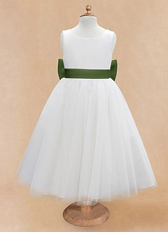 Azazie Kavi Flower Girl Dresses Ivory Olive A-Line Bow Matte Satin Dress image7