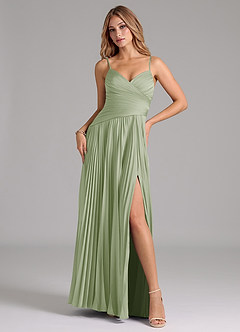 Azazie Vini Bridesmaid Dresses Dusty Sage A-Line Pleated Stretch Satin Dress image1