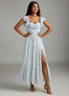 Azazie Anaya Bridesmaid Dresses Blue And White Ditsy Floral A-Line Pleated Chiffon Dress image3