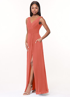 Azazie Karina Bridesmaid Dresses Salmon Pink A-Line Pleated Chiffon Dress image3